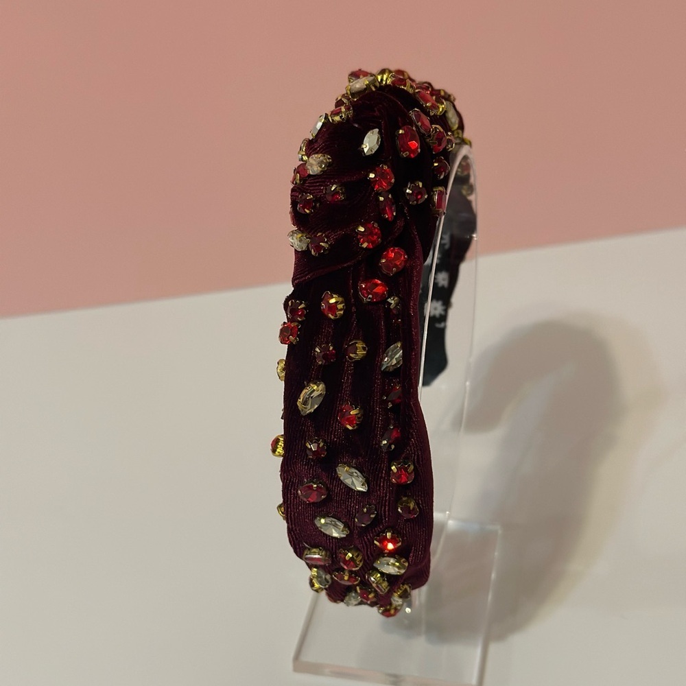Red Rhinestone Burgundy Velvet Knot Headband - Picture 2 of 10